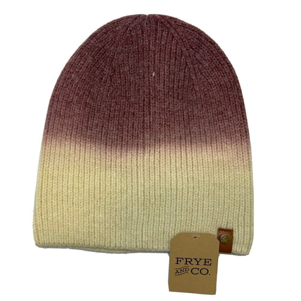 Frye‎ & Co Port Royale Dip Dye Beanie Aubergine Butter Creamy Tan Knit Cap-OSFM